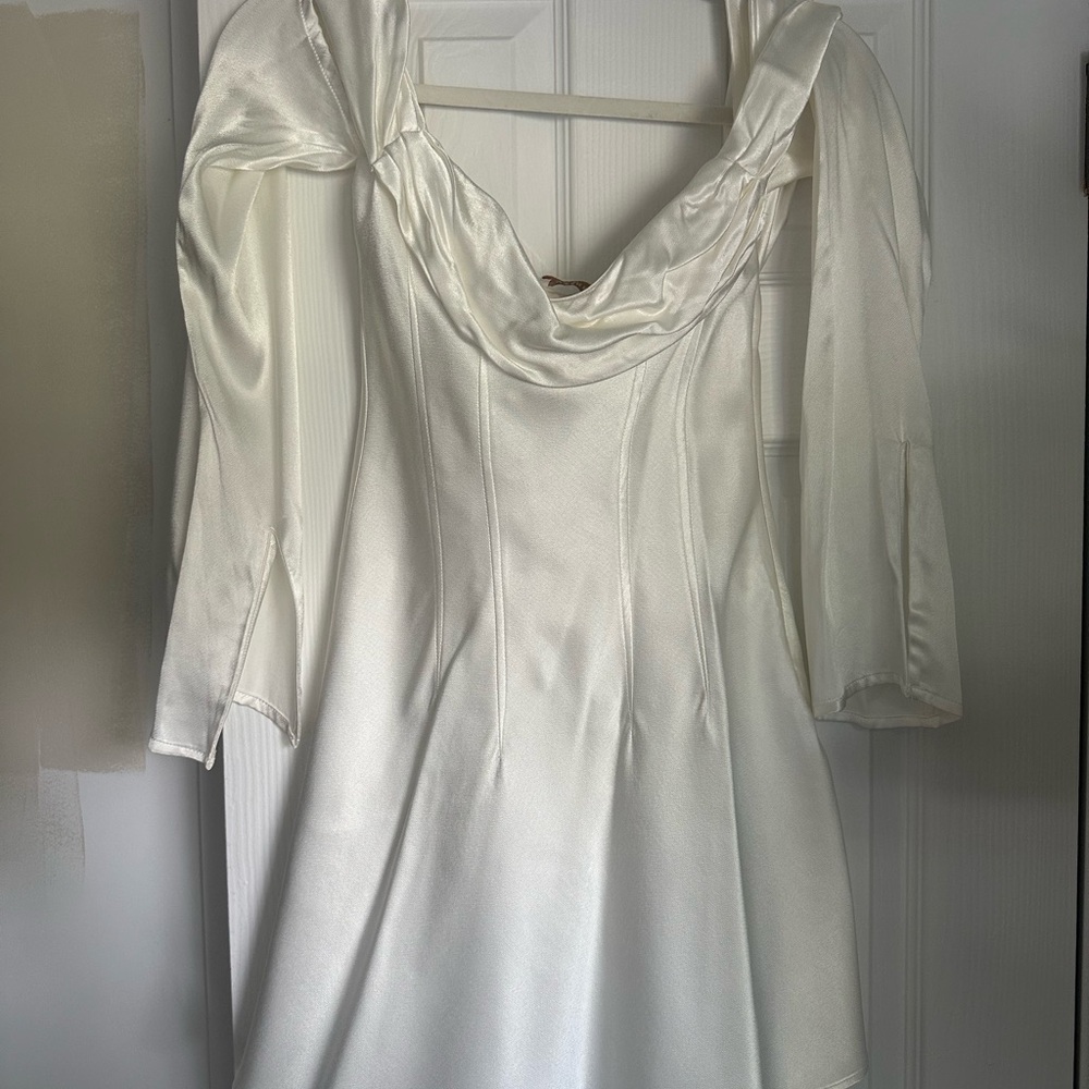 Meshki White Embellished Gown with Bishop Sleeves
